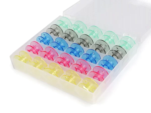 Plastikinės spalvotos ritės buitinėms siuvimo mašinoms su dėžute - 25 vnt.