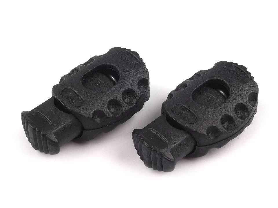 Juodi plastikiniai virvelių fiksatoriai – ergonomiški dviejų angų stoperiai 18 mm x 30 mm