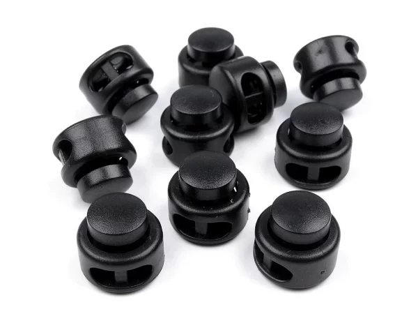 Juodi plastikiniai virvelių fiksatoriai – apvalūs stoperiai su spyruokle drabužiams ir įrangai 17 mm x 13 mm