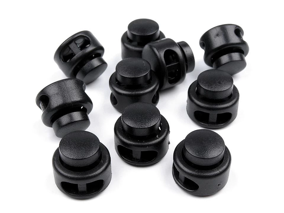 Juodi plastikiniai virvelių fiksatoriai – apvalūs stoperiai su spyruokle drabužiams ir įrangai 17 mm x 13 mm
